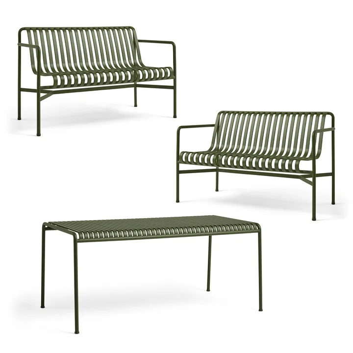 HAY - Palissade Table + Dining Bench (set of 2), olive