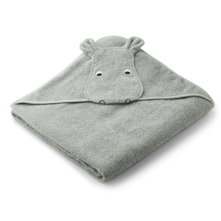 Augusta Junior towel with hood by LIFEWOOD in the design Hippo, dove blue