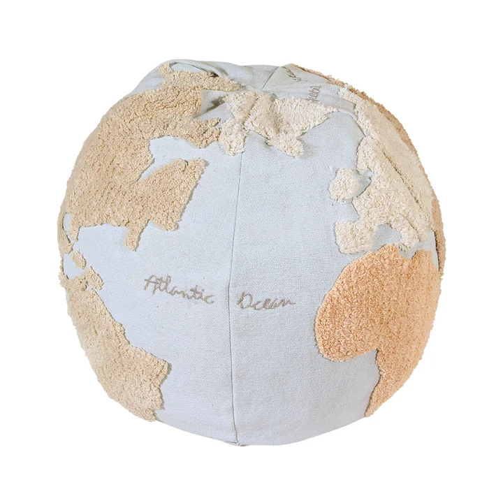 World Map Pouf, Ø 50 cm, light blue / beige from Lorena Canals