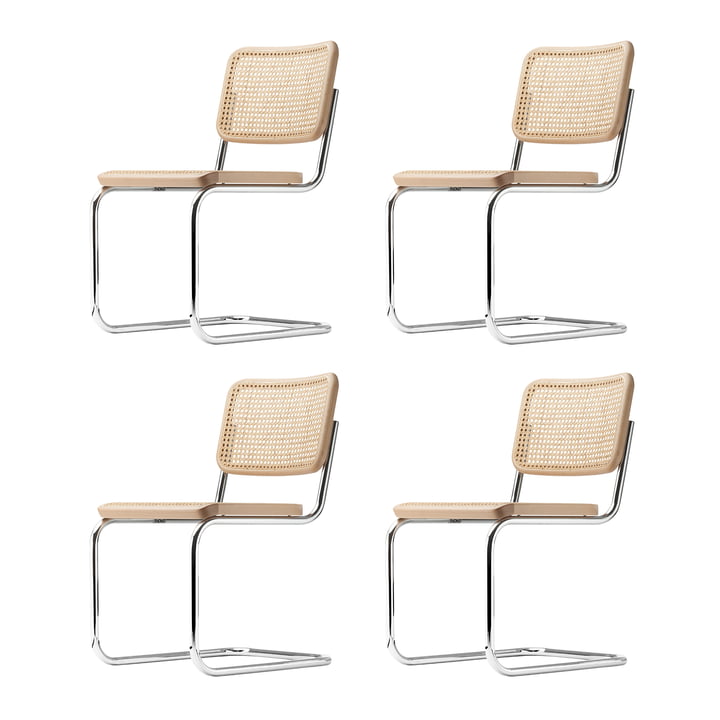 Thonet - S 32 V chair, chrome / natural beech (TP 17) / tubular mesh with fabric support fabric (set of 4)