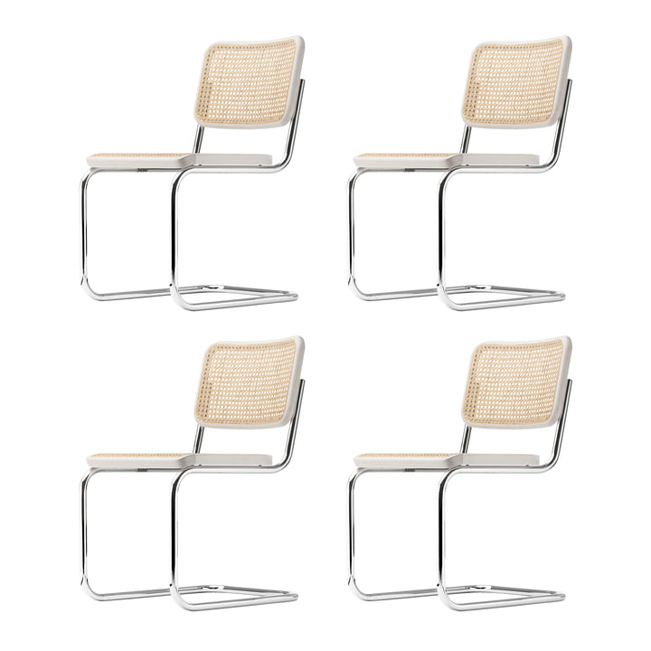 Thonet - S 32 V chair, chrome / beech white glazed (TP 200) / tubular mesh with support fabric (set of 4)