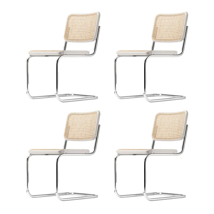 Thonet - S 32 V Chair, chrome / white varnished beech (TP 200) / wickerwork with support fabric (set of 4)