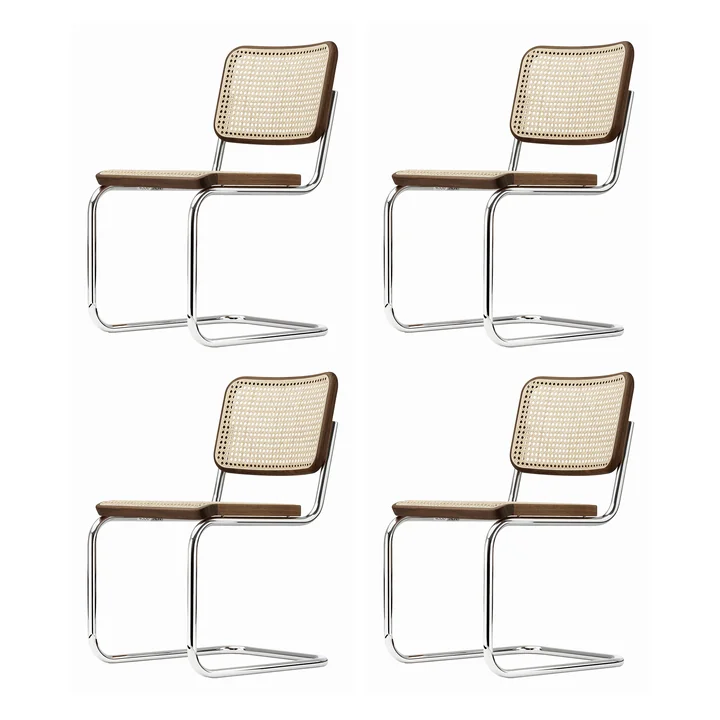 Thonet - S 32 V chair, chrome / walnut-colored (TP 24) / wickerwork with support fabric (set of 4)