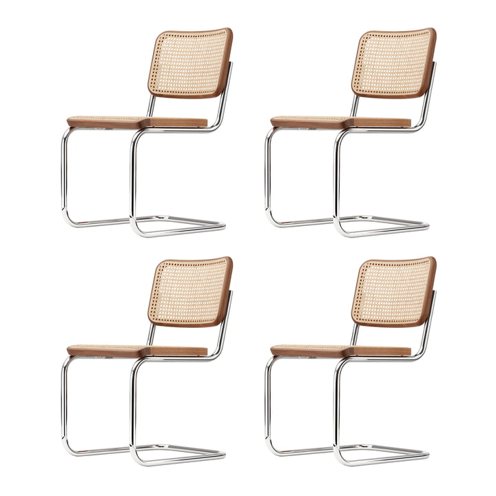 Thonet - S 32 V Chair, chrome / walnut color (TP 24) / wicker with support fabric (set of 4)