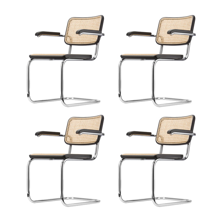 Thonet - S 64 V Armchair, chrome / black stained beech (TP 29) / wickerwork with plastic support fabric (set of 4)
