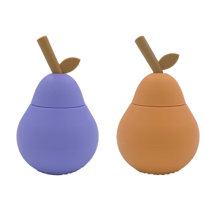 OYOY - Pears mug with straw, purple / apricot (set of 2) (Limited Edition)
