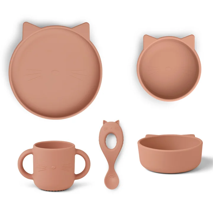 Vivi Silicone tableware set, cat, dark rose (set of 4) from LIEWOOD