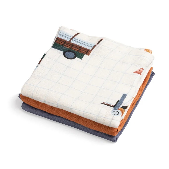 Sebra - Plain burp cloths, Busy Builders (set of 3)