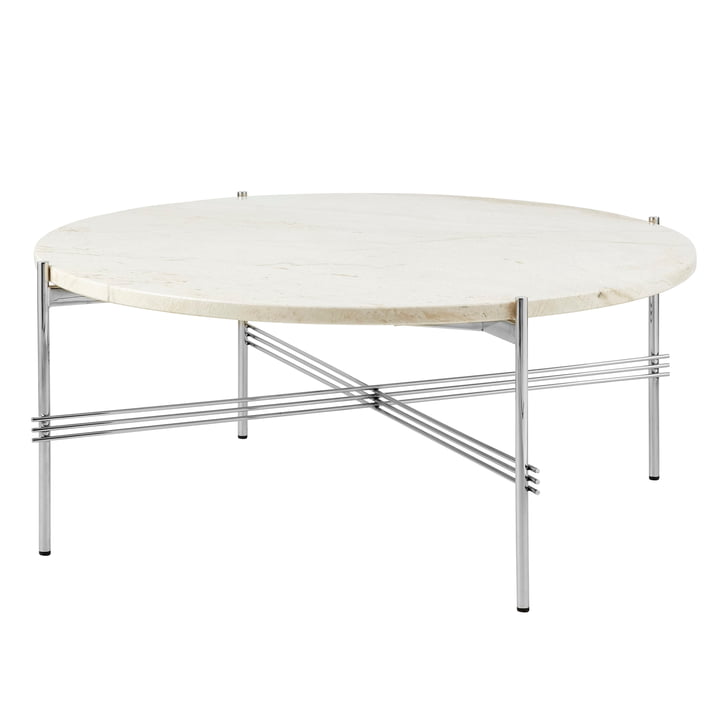 Gubi - TS coffee table Ø 80 cm, steel polished / travertine white