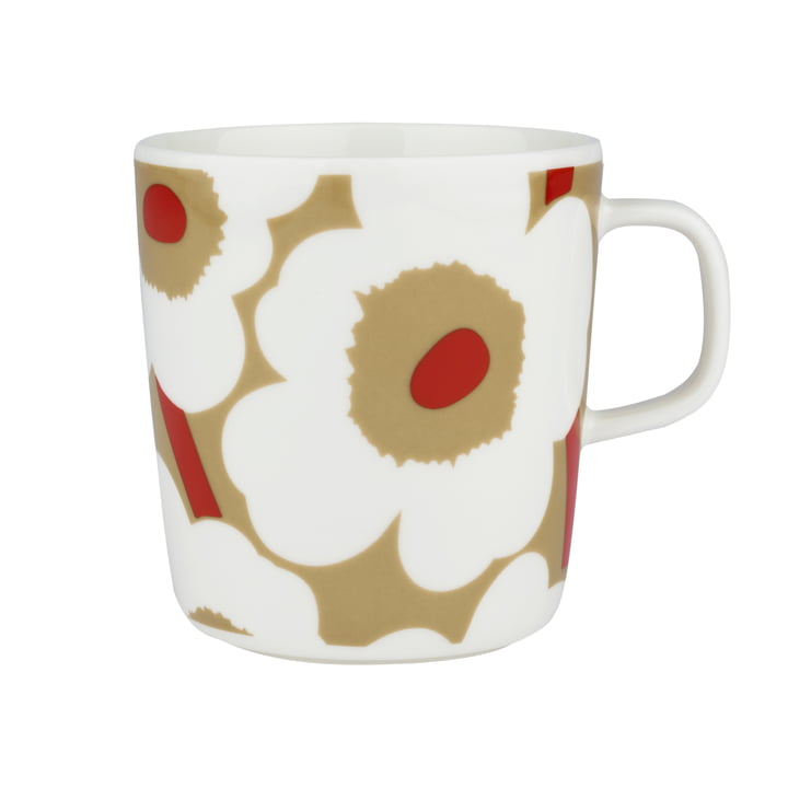 Oiva Unikko Mug with handle, 400 ml, white / beige / red by Marimekko