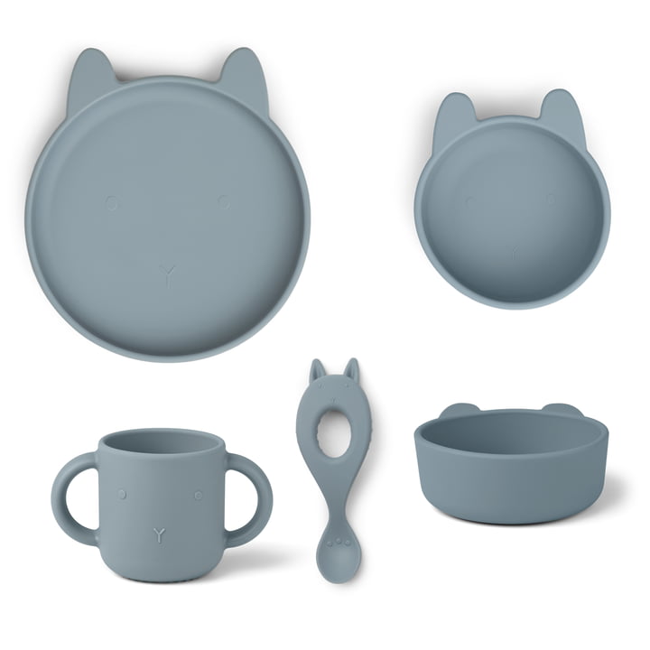 LIEWOOD - Vivi Silicone tableware set, rabbit, sea blue (set of 4)