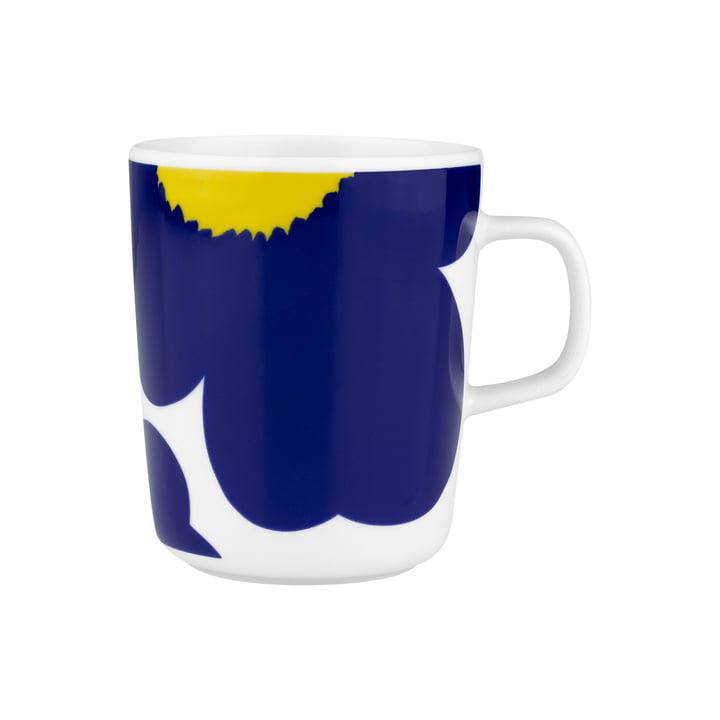 Oiva Iso Unikko Mug with handle, 60th Anniversary, 250 ml, white / dark blue / yellow by Marimekko