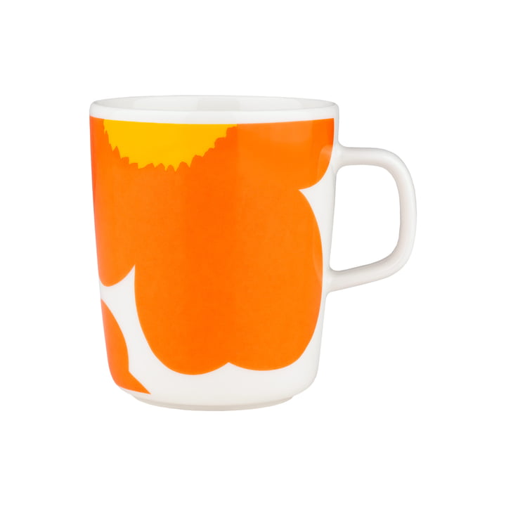 Oiva Iso Unikko Mug with handle, 60th Anniversary, 250 ml, white / orange / yellow by Marimekko