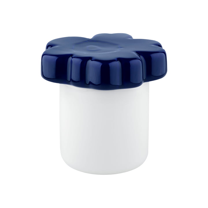 Oiva Unikko Storage jar with lid, 60th Anniversary, 16 x 15.5 cm, white / dark blue by Marimekko