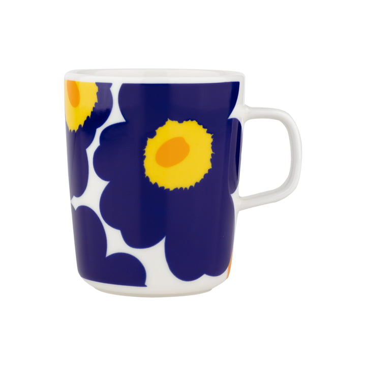 Oiva Unikko Mug with handle, 60th Anniversary, 250 ml, white / dark blue / yellow by Marimekko