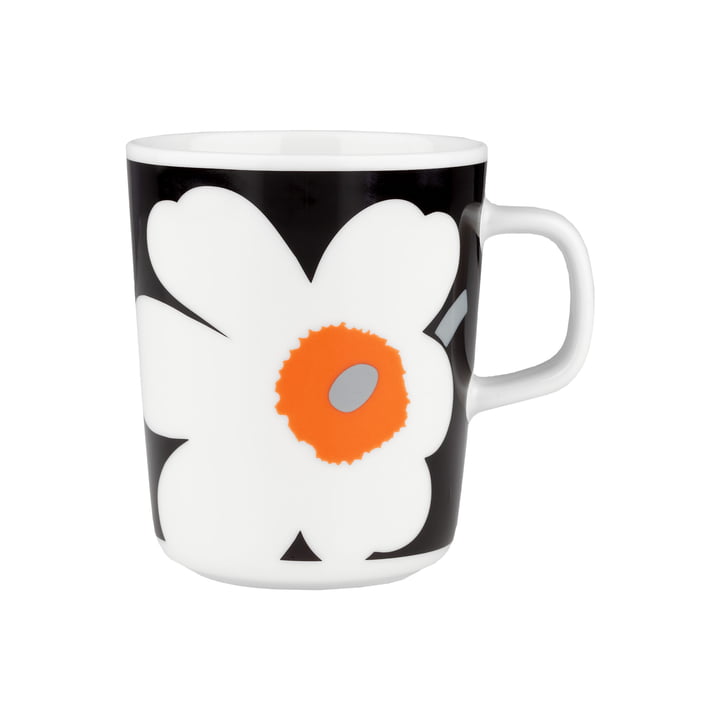 Oiva Unikko Mug with handle, 60th Anniversary, 250 ml, white / black / orange by Marimekko