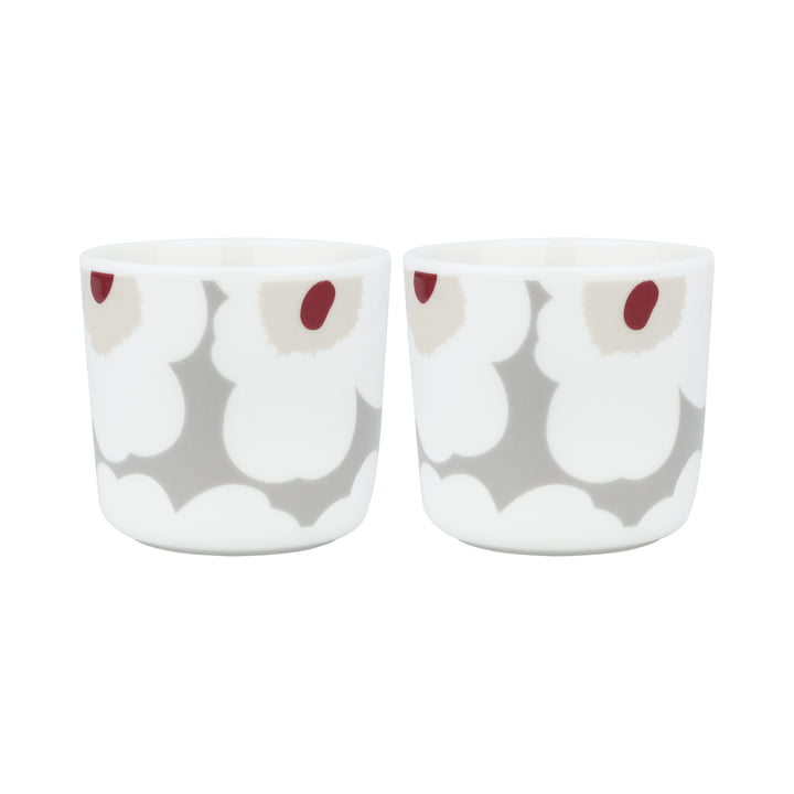 Oiva Unikko Mug, 200 ml, white / light gray / red (set of 2) by Marimekko