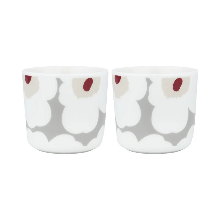 Oiva Unikko Mug, 200 ml, white / light gray / red (set of 2) by Marimekko