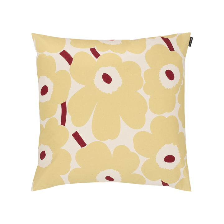 Pieni Unikko Cushion cover, 50 x 50 cm, cotton / butter yellow / red by Marimekko