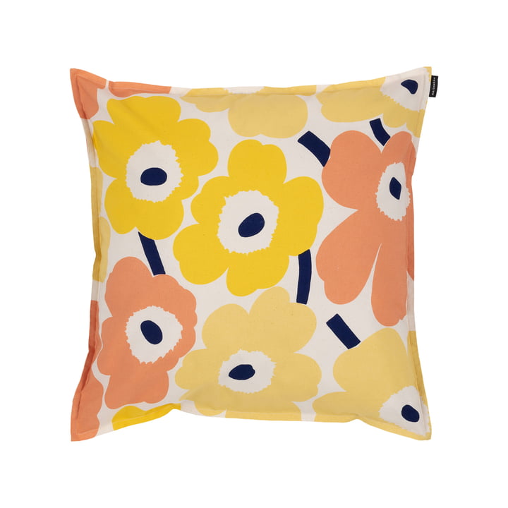 Pieni Unikko Cushion cover, 50 x 50 cm, cotton / yellow / peach / blue by Marimekko