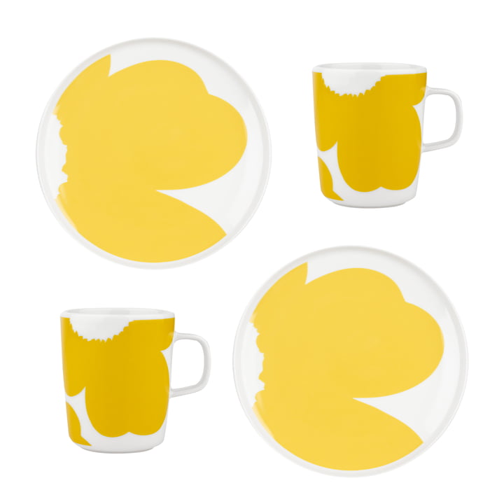 Oiva Iso Unikko Plate & Mug, Ø 25 cm & 250 ml, white / spring yellow (set of 4) by Marimekko