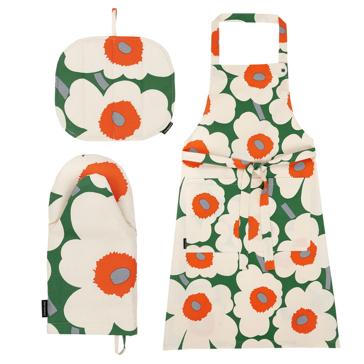 Pieni Unikko apron, pot holder & oven glove, green / cotton / orange (set of 3) by Marimekko