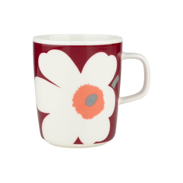 Marimekko - Oiva Unikko Mug with handle, 250 ml, white / dark cherry / ash gray