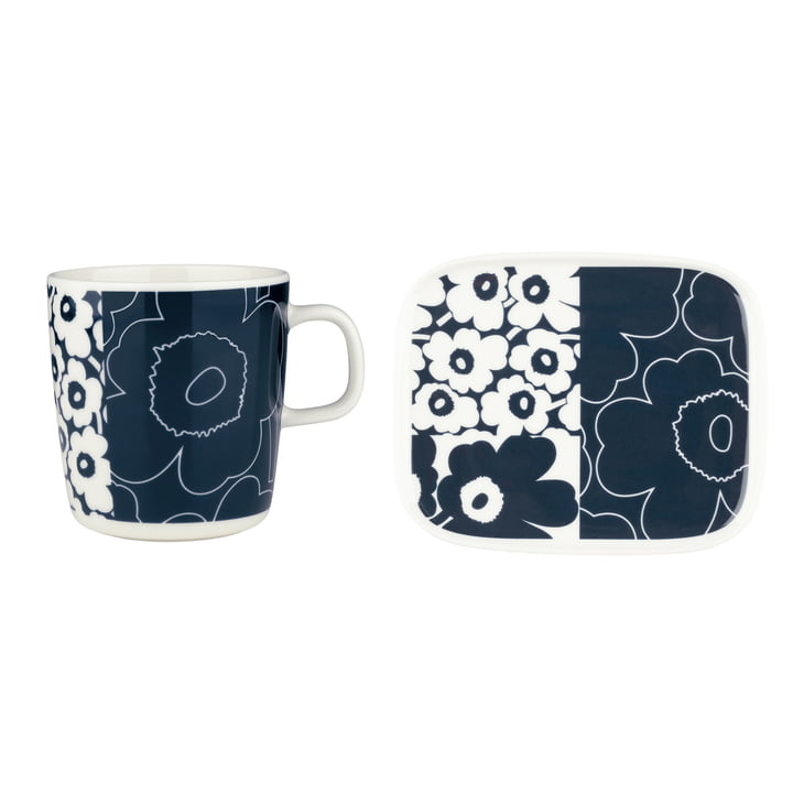 Oiva Unikko Kollaasi mug with handle & Plate, 400 ml, white / dark blue by Marimekko