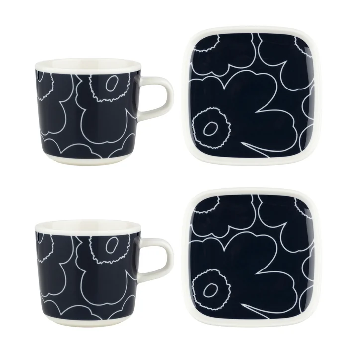 Oiva Piirto Unikko mug with handle & Plate, white / dark blue (set of 4) by Marimekko