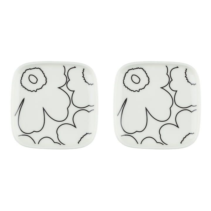 Oiva Piirto Unikko plate, 10 x 10 cm, white / black (set of 2) by Marimekko