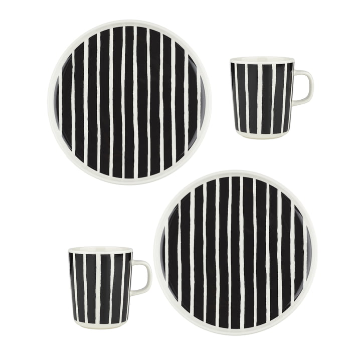 Oiva Piccolo mug with handle & Plate, white / black (set of 4) by Marimekko