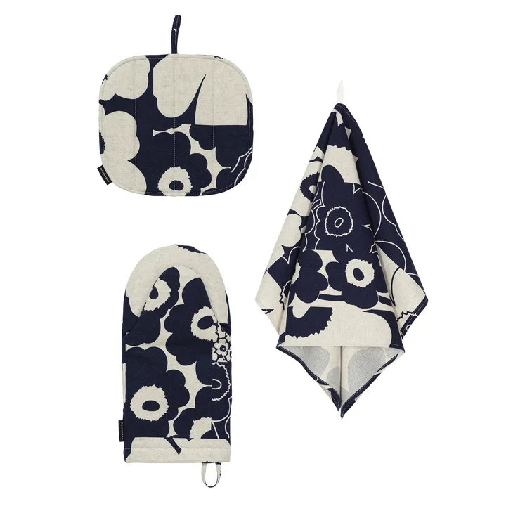 Unikko Kollaasi kitchen set, tea towel & oven glove & potholder, linen / dark navy (set of 3) (60th Anniversary Collection) by Marimekko
