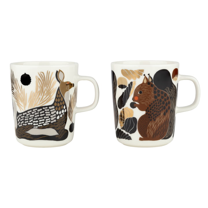 Oiva Kurre & Peura mug with handle, 250 ml, white / brown / green (set of 2) by Marimekko