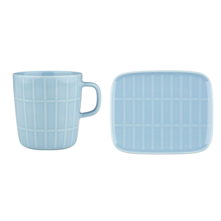 Tiiliskivi mug with handle & Serving plate, 400 ml & 15 x 12 cm, light blue (set of 2) by Marimekko