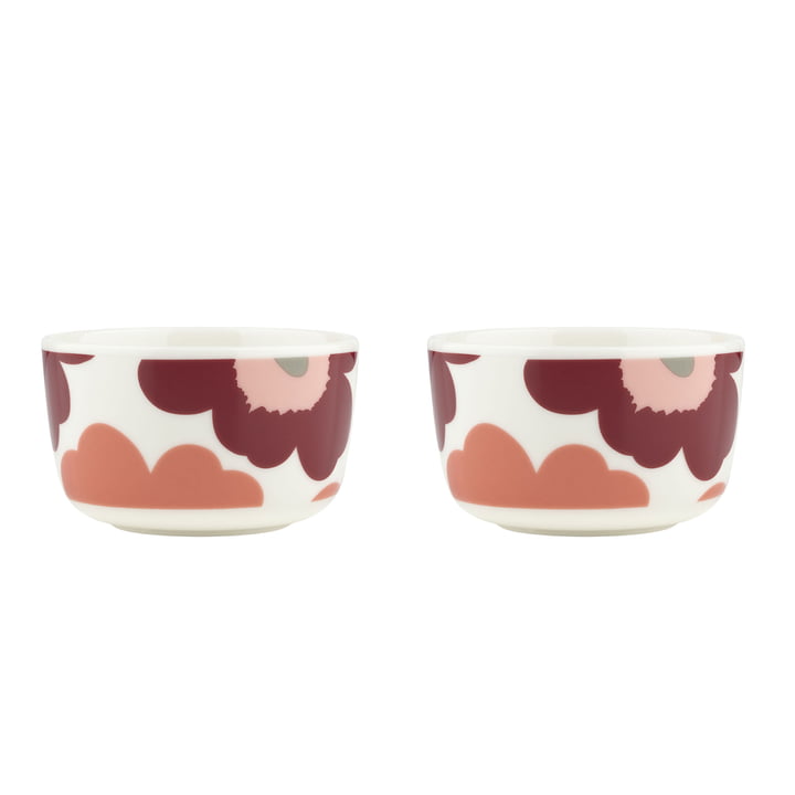 Marimekko - Oiva Unikko Bowl, 250 ml, white / dark cherry / salmon red (set of 2)