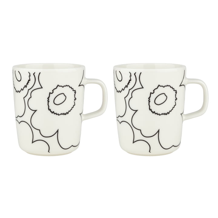 Oiva Piirto Unikko mug with handle, 250 ml, white / black (set of 2) by Marimekko