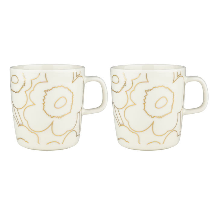 Oiva Piirto Unikko mug with handle, 400 ml, white / gold (set of 2) by Marimekko