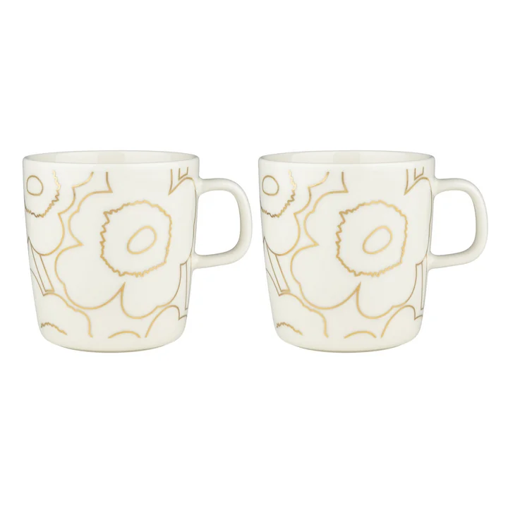 Oiva Piirto Unikko mug with handle, 400 ml, white / gold (set of 2) by Marimekko