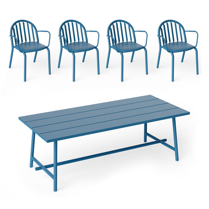 Fred's outdoor table 220 x 100 cm + armchair (set of 4), wave blue (Exclusive Edition) by Fatboy