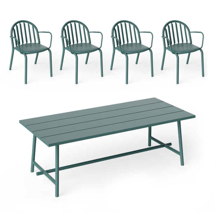 Fred's outdoor table 220 x 100 cm + armchair (set of 4), sage green dark (Exclusive Edition) by Fatboy