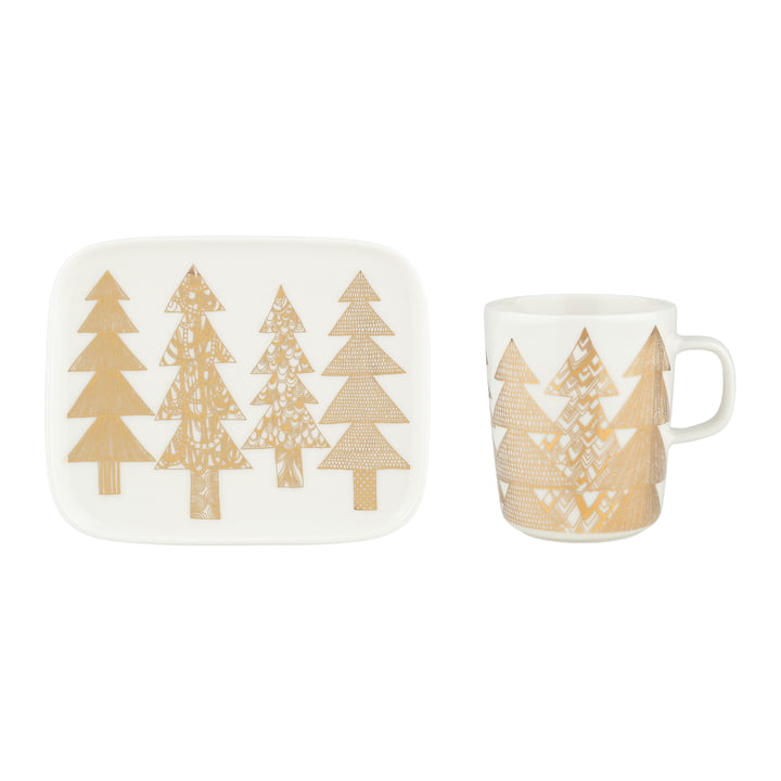 Marimekko - Oiva Kuusikossa Mug with handle & Plate, 250 ml & 15 x 12 cm, white / gold (set of 2)