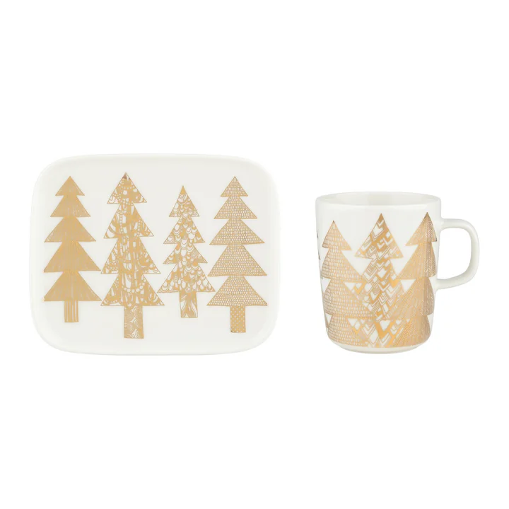 Marimekko - Oiva Kuusikossa Mug with handle & Plate, 250 ml & 15 x 12 cm, white / gold (set of 2)