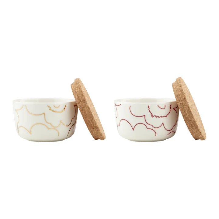 Oiva Piirto Unikko bowl with lid, 250 ml, white / gold / dark red (set of 2) by Marimekko