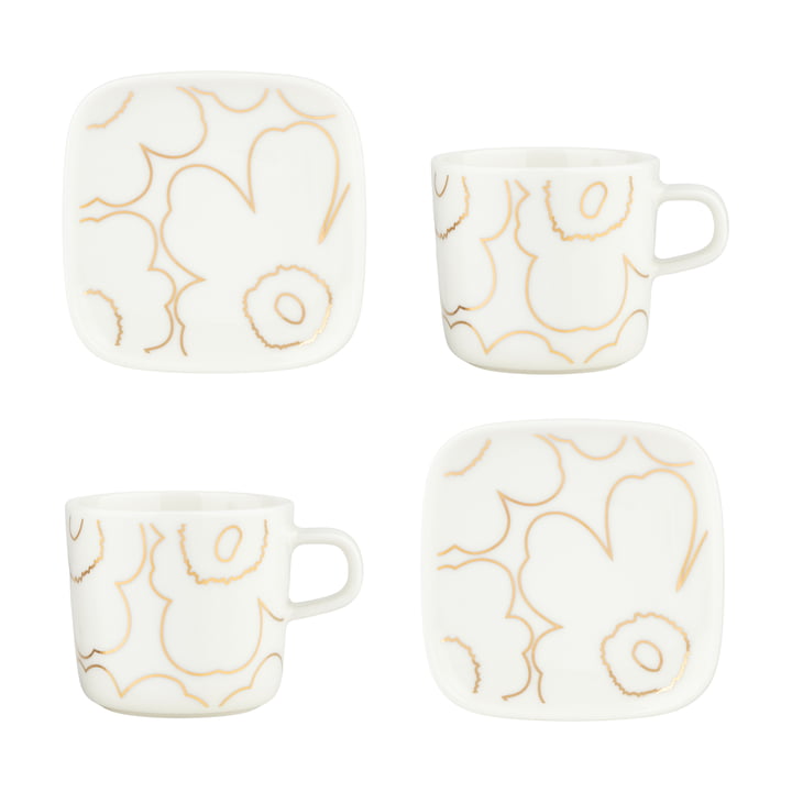 Oiva Piirto Unikko mug with handle & Plate, white / gold (set of 4) by Marimekko