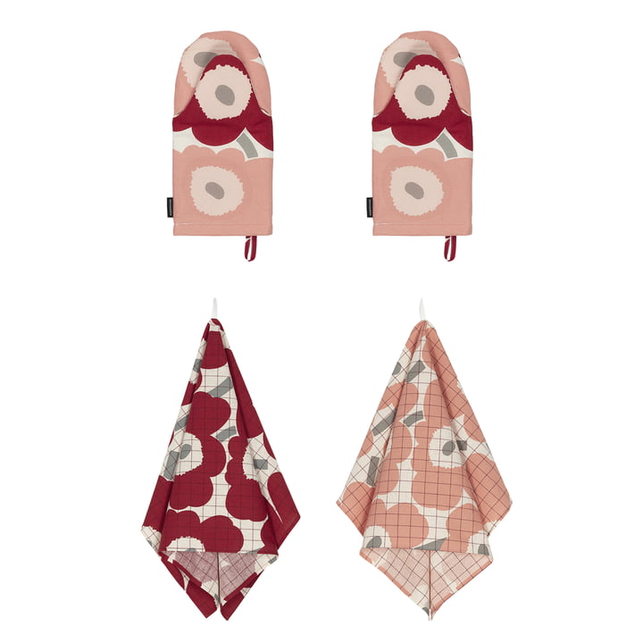 Pieni Unikko Kitchen set, tea towel & Oven gloves, cotton / dark cherry / rose (set of 4) by Marimekko