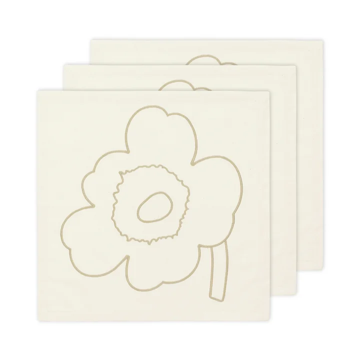 Piirto Unikko satin napkins, 43 x 43 cm, off-white / straw (set of 3) by Marimekko