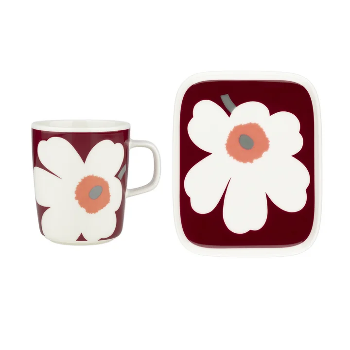 Unikko 60th Anniversary mug with handle & Plate, white / dark cherry / ash grey (set of 2) by Marimekko