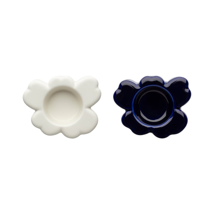 Unikko tealight holder, white matt / cobalt (set of 2) by Marimekko