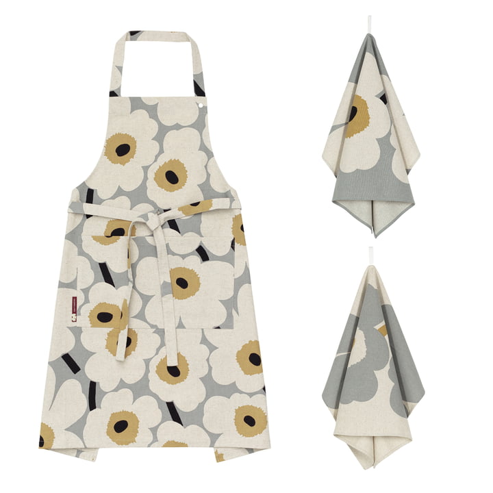 Unikko 60th Anniversary kitchen set, tea towel & apron, gray / linen / straw / dark blue (set of 3) by Marimekko