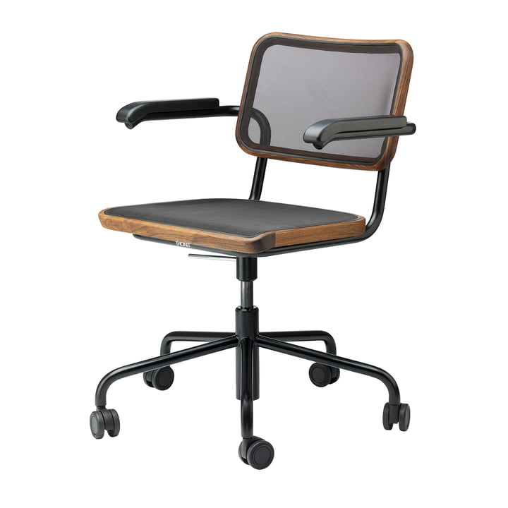 S 64 NDR office chair, black / oiled walnut / black mesh fabric (Pure Materials) from Thonet